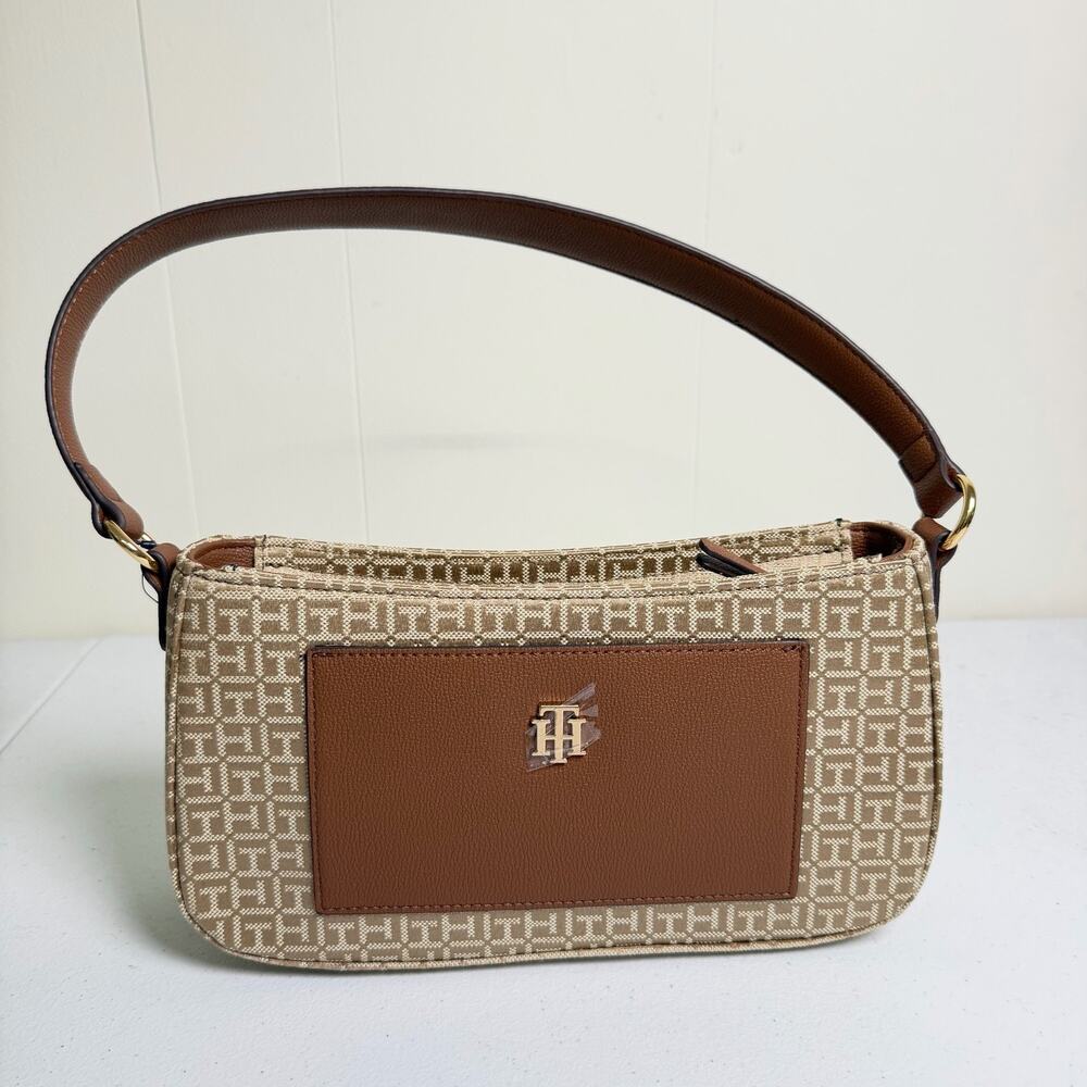 Tommy Hilfiger TH Monogram Jacquard Small Shoulder Bag Tan Brown Zip